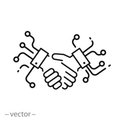 digital handshake icon, global partnership, trade revolution technology, intelligence artificial, thin line web symbol on white background - editable stroke vector illustration eps10