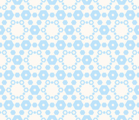 Fototapeta na wymiar Cute pastel vector geometric pattern with hexagons. Vintage texture in soft colors, light blue and white. Subtle abstract repeat background. Winter style ornament with snowflakes. Elegant design