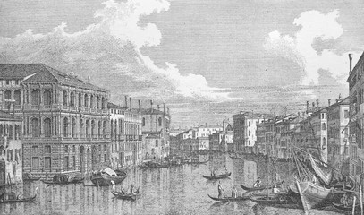 View of Venice. Gondolas by Canaletto in the old book Antonio Canal, by A. Moureau, 1892, Paris
