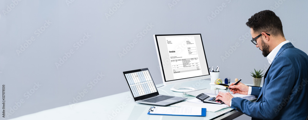 Poster accountant making invoice on computer