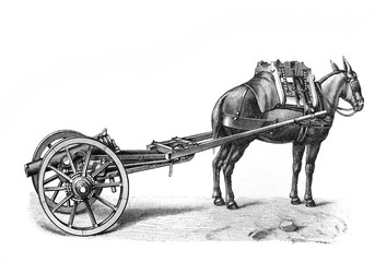 Obraz premium Horse carries an old cannon engraved in the old book Meyers Lexicon, vol. 7, 1897, Leipzig