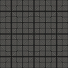 Vector black and white geometric seamless pattern. Monochrome texture with lines, squares, stripes, tiny elements, repeat tiles, grid, lattice. Abstract linear ornament. Modern stylish dark background