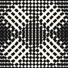 Vector geometric seamless pattern. Black and white checkered texture with squares, grid. Radial gradient transition effect. Ornamental graphic background. Abstract monochrome repeatable design