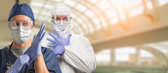 Banner of Doctors or Nurses Wearing Protective Face Mask and Surgical Gloves In Hospital