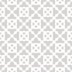 Subtle vector floral texture. Vintage geometric seamless pattern with small flowers, crosses, grid. Abstract ornamental background in gray and white colors. Elegant repeat design for decor, wallpapers