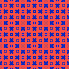 Simple vector geometric seamless pattern with small squares and crosses. Colorful funky style texture. Trendy bright colors, red and electric blue. Retro 80-90's fashion background. Repeatable design