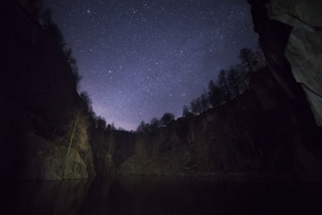 Stars above a flooded quarry surrounded by cliffs and trees under a blue night sky. 