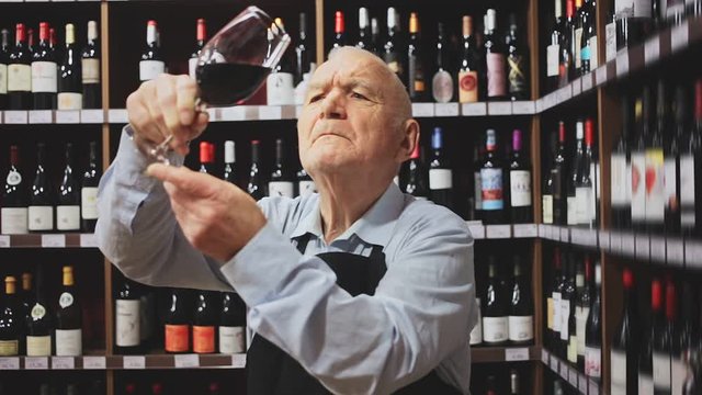 Confident elderly male winemaker holding glass of red wine, checking it in wine store