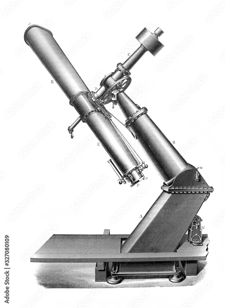 Wall mural The old big telescope in the old book Meyers Lexicon, vol. 2, 1897, Leipzig