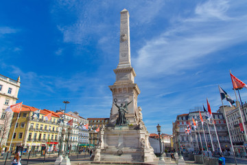 Fototapeta na wymiar Lisbon, Portugal-February 20, 2020: Famous Independence square, Lisbon (Praca de Restauradores) in historic city center
