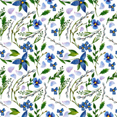 spring watercolor seamless pattern. Spring flowers are intertwined with herbs