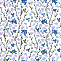Spring watercolor seamless pattern. Background of willow branches of delicate petals and small blue flowers