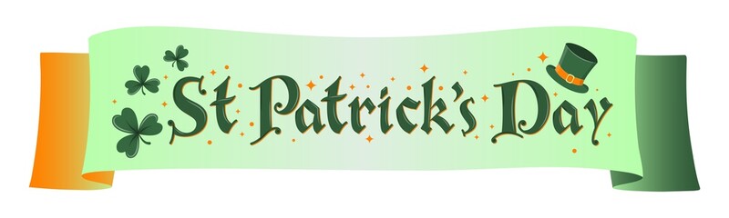 Happy St. Patrick Day lettering poster with green shamrock, Leprechaun`s green hat and stars. Irish traditional holiday. For greeting cart, poster, banner, flyer, social media. Vector illustration