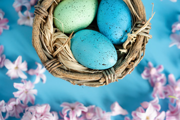 Easter background with blue Easter eggs in nest of spring flowers. Top view with copy space. Happy Easter Spring Festive greeting card. Holidays arrangement.