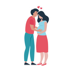 Happy loving young couple waiting for a baby isolated on white background. Pregnant young beautiful woman. Vector illustration