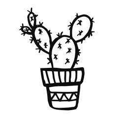Fototapeta na wymiar Cactus with a baby cactus on it. Black pen drawing. Hand drawing on white background. Tattoo sketch. Cactus drawing with ornaments, black and white. Single cactus in a pot. Zentangle style of drawing.