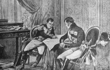 Napoleon and Alexander I consider a map of Europe. Drawing of Groleron in the old book The life of Napoleon, by W. Sloon, 1896, S.-Petersburg