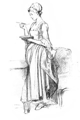 A sketch of eating woman in the old book Artistes Modernes, by Goupil, 1881, Paris