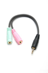 Audio video adapter cable with trrs jack to trs connectors on a white background