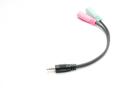 Audio video adapter cable with trrs jack to trs connectors on a white background