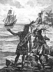 Obraz premium Columbus discovering America. Indians. in the old book Christopher Columbus, by A. Kalmykova, 1896, S.-Petersburg