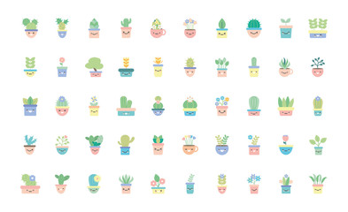 Isolated kawaii plants inside pots flat style icon set vector design