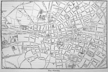 Fototapeta na wymiar Plan of Dublin in the old book The Encyclopaedia Britannica, vol. 7, by C. Blake, 1877, Edinburgh