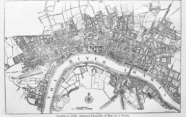 Plan of London in 1720 in the old book The Encyclopaedia Britannica, vol. 14, by C. Blake, 1882, Edinburgh - 327083326