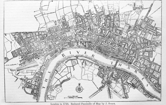 Plan of London in 1720 in the old book The Encyclopaedia Britannica, vol. 14, by C. Blake, 1882, Edinburgh