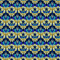 20s art Deco pattern with leaves flower in gold and blue green