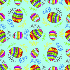 pattern balls doodles decorated with figures and leaves on a blue background