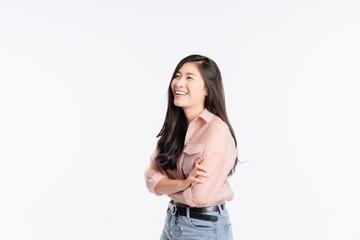 Young Asian girl Smiling, woman Portrait isolated on white background. The lady in a summer t-shirt Short jeans. Copy space