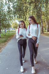 Obraz premium Two girls schoolgirls, walk by hand, returning home after school college. In summer city, background road trees, hand smartphone. Backpacks behind. Casual wear sweater jeans. Social networks online.