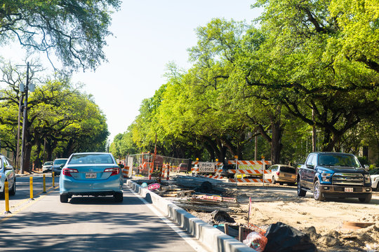 New Orleans, USA - April 23, 2018: Garden District Street In Louisiana Famous City With Construction Sign On Road