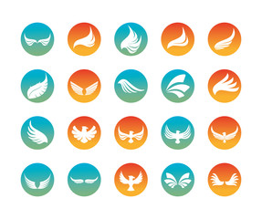 Isolated wings and eagles silhouette block style icon set vector design