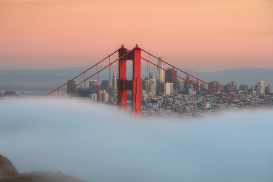 San Francisco rising from fog behind golden gate bridge.
