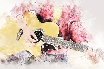 Close up abstract beautiful woman playing acoustic guitar on walking street on watercolor illustration painting background..