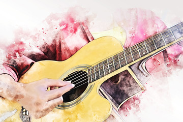 Close up abstract beautiful woman playing acoustic guitar on walking street on watercolor illustration painting background.