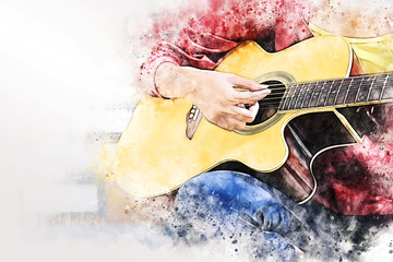 Close up abstract beautiful woman playing acoustic guitar on walking street on watercolor illustration painting background.