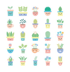 Isolated kawaii plants inside pots flat style icon set vector design