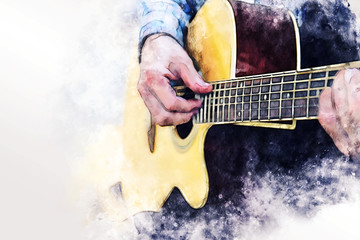 Close up abstract beautiful man playing acoustic guitar on walking street on watercolor illustration painting background.