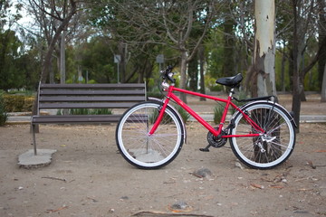 Fototapeta na wymiar Bicicleta aparcada en una banca del parque