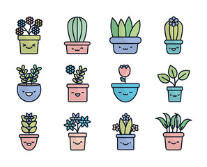 Isolated kawaii plants inside pots flat fill style icon set vector design