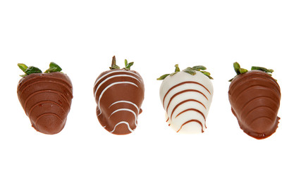 Row of giant strawberries dipped in white and milk chocolate, drizzled with contrasting white and milk chocolate. Isolated on white