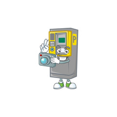 Naklejka premium A parking ticket machine Photographer cartoon character in action with a camera
