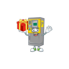 cartoon character of parking ticket machine with a box of gift