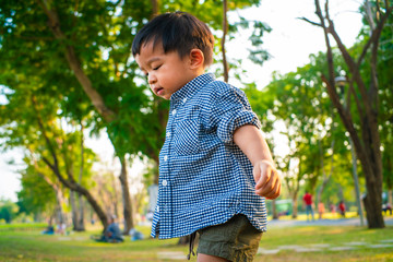 Little asian boy try walking on green grass in public park sunset light