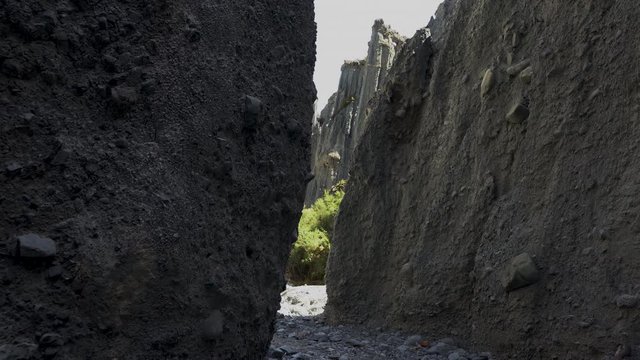 A Sliding shot from right to left of the Putangirua Pinnacles in New Zealand
