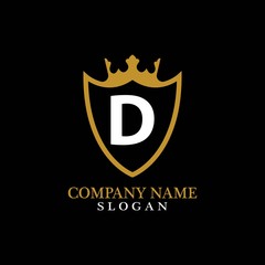 Illustration of Shield Shape with letter D in the middle and Luxury Crown. Logo Icon Template for Web and Business Card, Letter Logo Template on Black Background