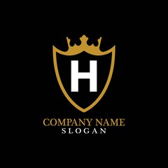 Illustration of Shield Shape with letter H in the middle and Luxury Crown. Logo Icon Template for Web and Business Card, Letter Logo Template on Black Background